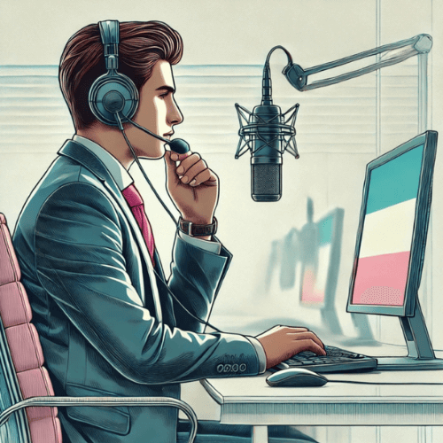 Ilustración de un candidato realizando el Speaking de Linguaskill con auriculares y micrófono frente al ordenador, en un entorno silencioso.