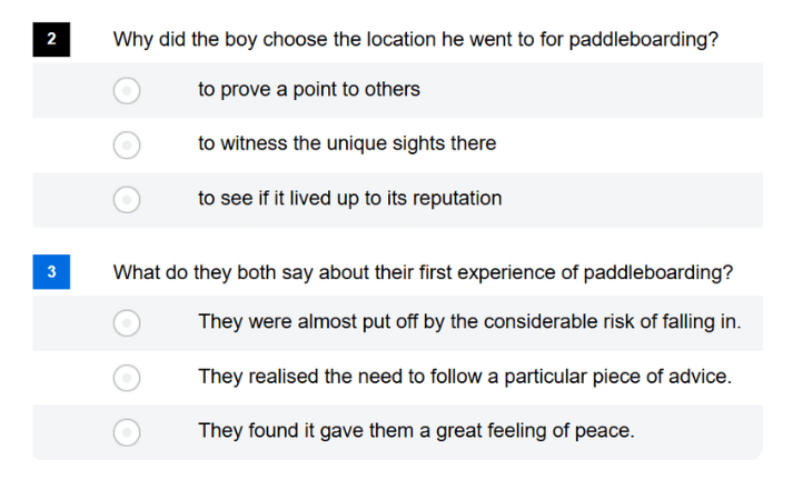 Linguaskill – Listening Part 3 (NEW): audio extendido con un solo hablante y 2 preguntas de opción múltiple en orden (A–B–C).