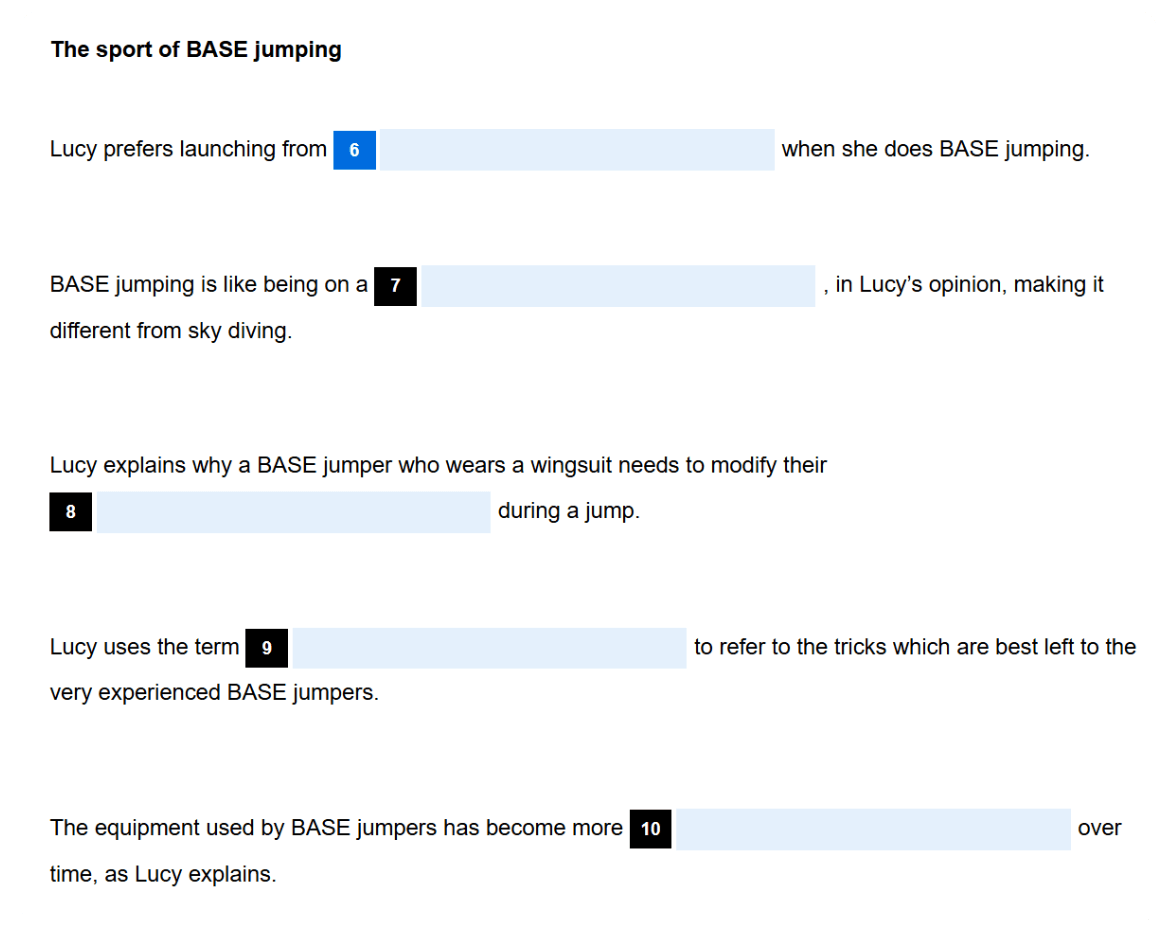 Linguaskill – Listening Part 4 (NEW): completar 5 oraciones tras el audio escribiendo hasta tres palabras por hueco.