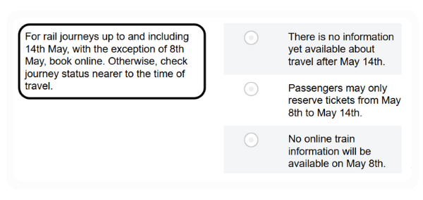Linguaskill – Reading Part 1 (Notas): captura del examen real con un aviso breve y tres opciones (A, B, C) para elegir la frase que mejor refleja el significado; número de preguntas según algoritmo.