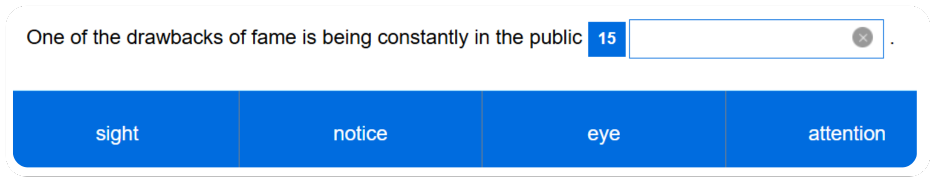 Linguaskill – Reading Part 2 (Frases): captura del examen real con una oración y un hueco a completar eligiendo la palabra correcta entre 3 o 4 opciones (A, B, C, D).