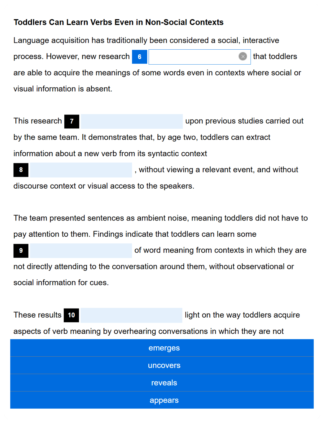 Linguaskill – Reading Part 3 (Texto): captura del examen real con un texto y varios huecos a completar eligiendo palabras o frases entre 3 o 4 opciones (A–B–C / A–B–C–F).