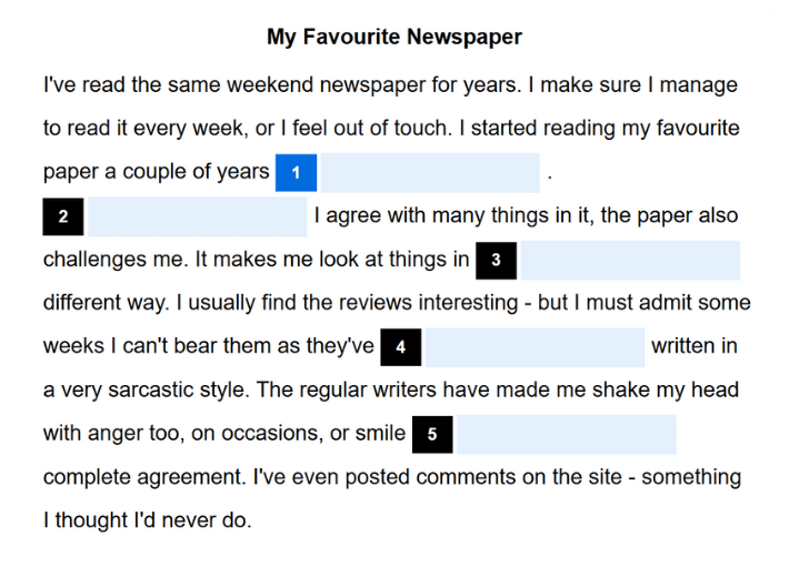 Linguaskill – Reading Part 4: captura del examen real con un texto breve y 5 huecos a completar escribiendo la palabra correcta.