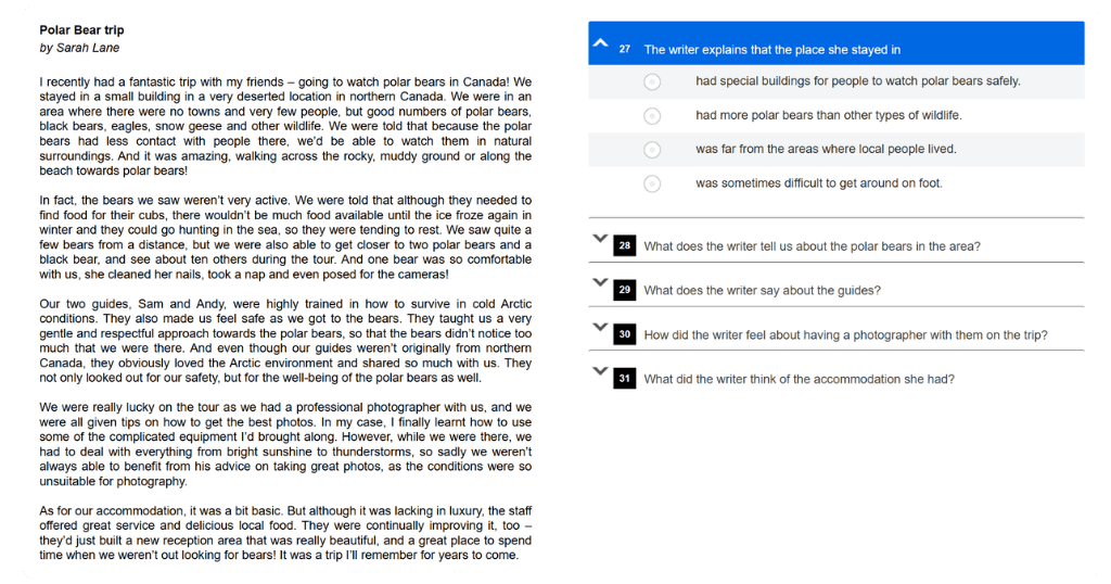 Linguaskill – Reading Part 5: captura del examen real con un texto largo y 5 preguntas tipo test en orden (opciones A–B–C–D).
