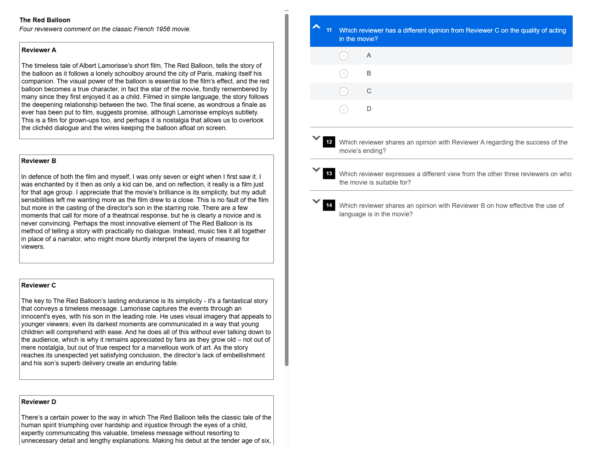 Linguaskill – Reading Part 8 (NEW): emparejamiento con 4 textos; elegir en cuál aparece la información pedida para cada pregunta.