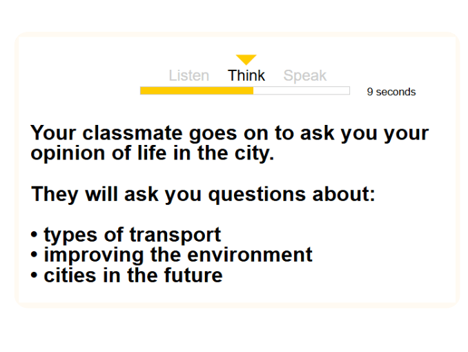 Linguaskill – Speaking Part 2.2 (Think): pantalla con indicaciones para opinar sobre la vida en la ciudad — tipos de transporte, medioambiente y ciudades en el futuro.