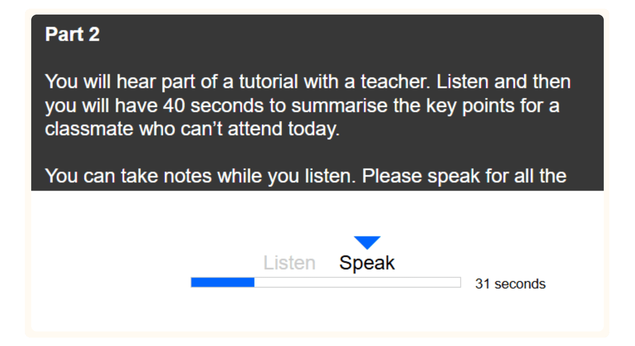 Linguaskill – Speaking Part 2.1 (Resumen): escuchar un audio de reunión/seminario con cuatro puntos y resumirlos para un compañero; 40 s de preparación con notas.