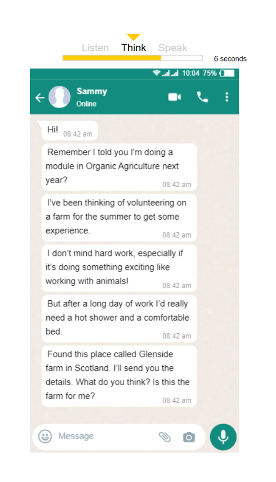 Linguaskill – Speaking Part 3 (Recomendación): pantalla “Think” con chat tipo WhatsApp donde el amigo explica sus requisitos antes de que el candidato evalúe y recomiende.