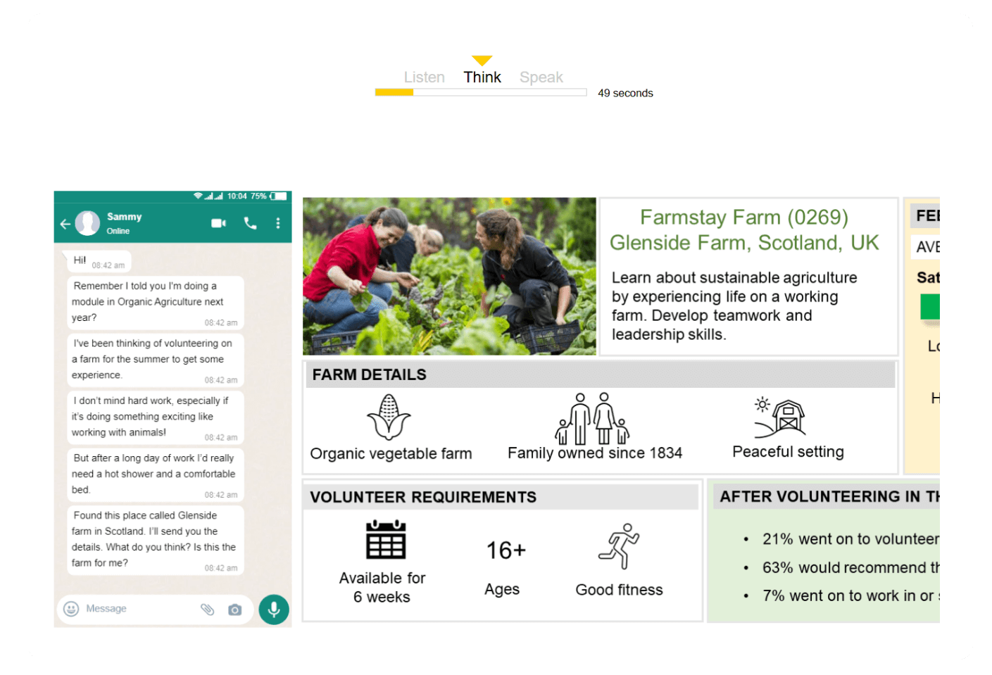 Linguaskill – Speaking Part 3: pantalla “Think” con chat estilo WhatsApp del amigo y panel de información (granja, requisitos del voluntariado) para evaluar y recomendar.