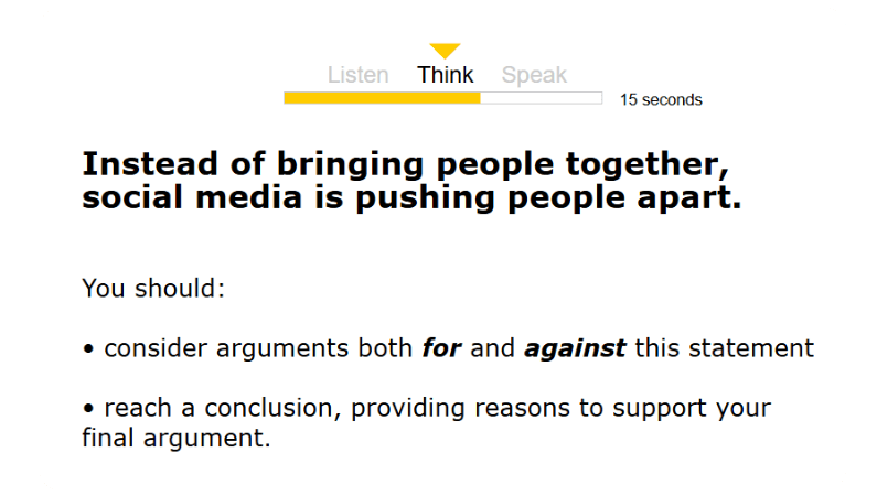 Linguaskill – Speaking Part 4 (Think): enunciado “Instead of bringing people together, social media is pushing people apart” con indicación de analizar pros y contras y llegar a una conclusión.