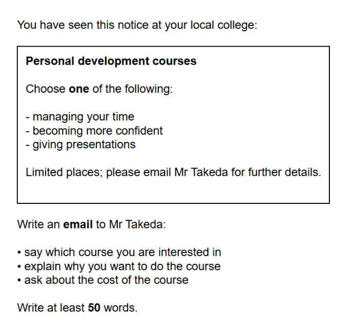 Linguaskill – Writing Part 1 (Email): captura del enunciado con aviso “Personal development courses” y tres indicaciones (decir curso, explicar motivo, preguntar precio); mínimo 50 palabras.